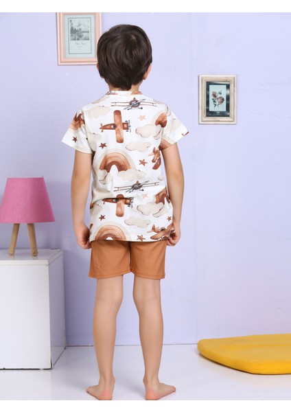 Helikopter Desen Kahverengi Şortlu Pijama Takımı modelleri