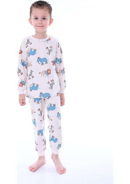 Hayvan Desenli Krem Renk Çocuk Pijama Takımı