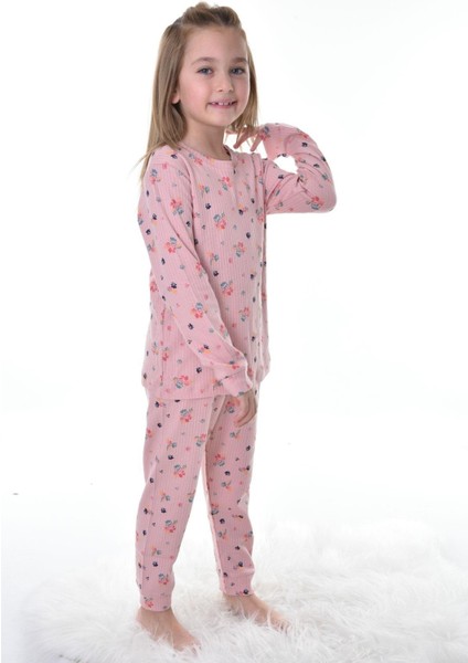 Çiçek Desenli Pembe Fitilli Çocuk Pijama Takımı