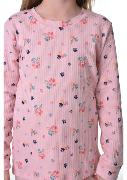 Çiçek Desenli Pembe Fitilli Çocuk Pijama Takımı