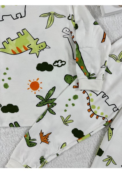 Dinozor Desen Beyaz Erkek Çocuk Pijama Takım