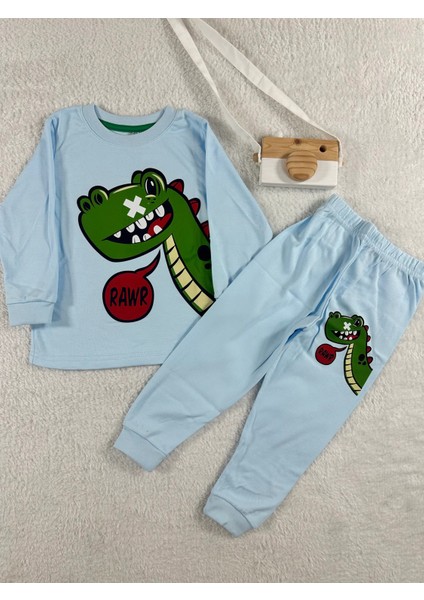 Dinozor Desen Mavi Erkek Çocuk Pijama Takım