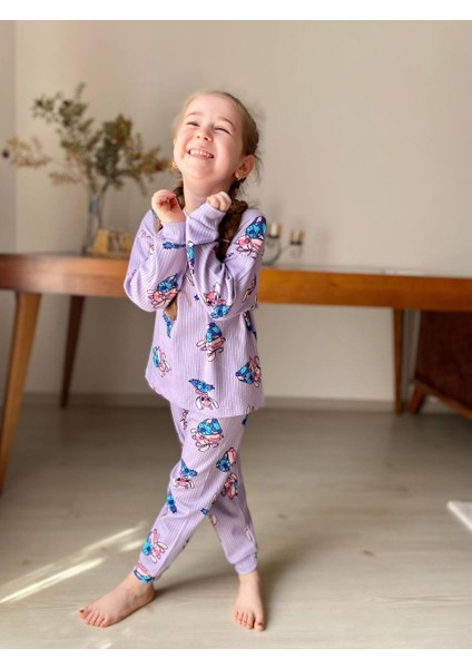 Lila Stitch Desen Fitilli Kız Çocuk Pijama Takım