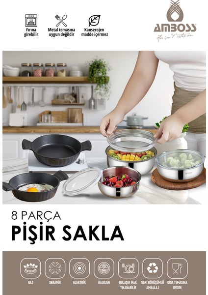 8 Parça Pişir Sakla Sahan & Paslanmaz Çelik Saklama Kabı
