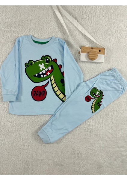 Dinozor Desen Mavi Erkek Çocuk Pijama Takım