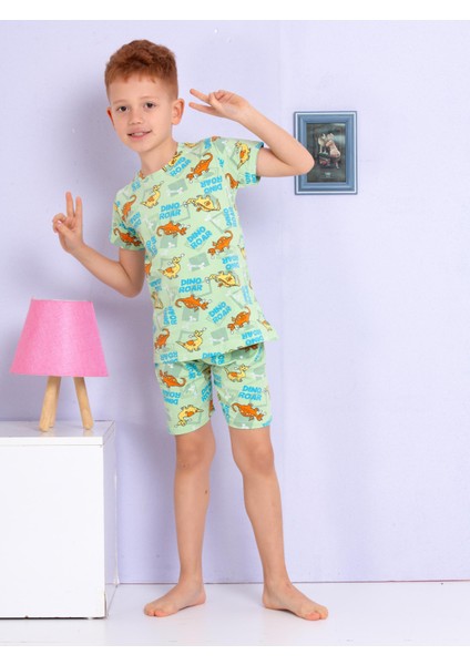 Dinozor Desenli Yeşil Şortlu Pijama Takımı
