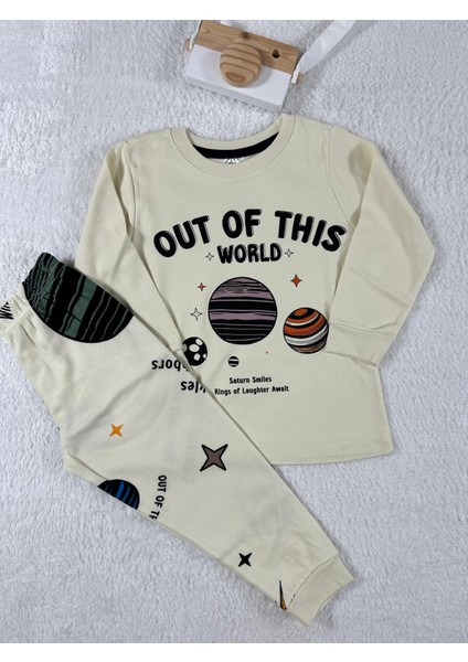Dünya Desen Krem Renk Erkek Çocuk Pijama Takım