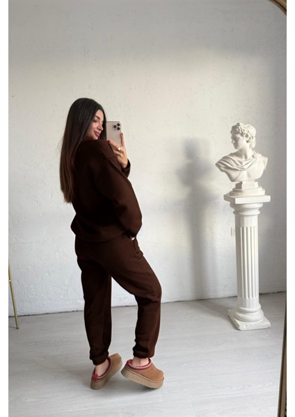 Kadın Baskısız Düz Basic Oversize Bisiklet Yaka Eşofman Takımı fiyatları