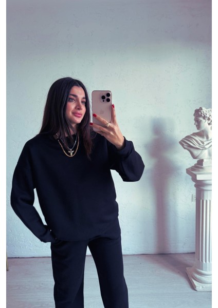 Kadın Baskısız Düz Basic Oversize Bisiklet Yaka Eşofman Takımı