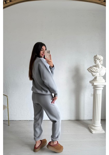 Kadın Baskısız Düz Basic Oversize Bisiklet Yaka Eşofman Takımı