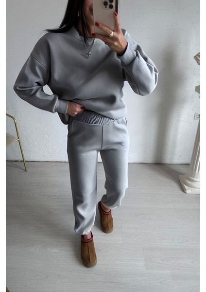 Kadın Baskısız Düz Basic Oversize Bisiklet Yaka Eşofman Takımı fiyatları