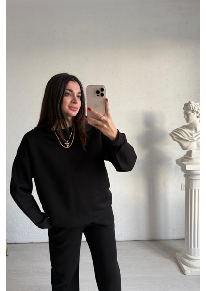 Kadın Baskısız Düz Basic Oversize Bisiklet Yaka Eşofman Takımı