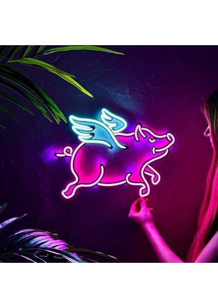 Domuz Modern Metal Üzerine Neon LED Duvar Tabelası - Domuzcuk, Piggy-