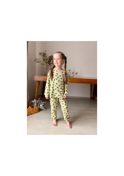 Yeşil Kalp Desen Fitilli Kız Çocuk Pijama Takım