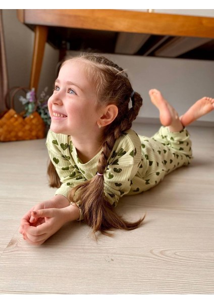Yeşil Kalp Desen Fitilli Kız Çocuk Pijama Takım