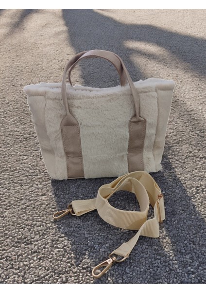 Bej - The Tote Bag Peluş Tek Göz Geniş Iç Hacimli Kalın Askılık Kol Çanta , Çapraz Çanta modelleri