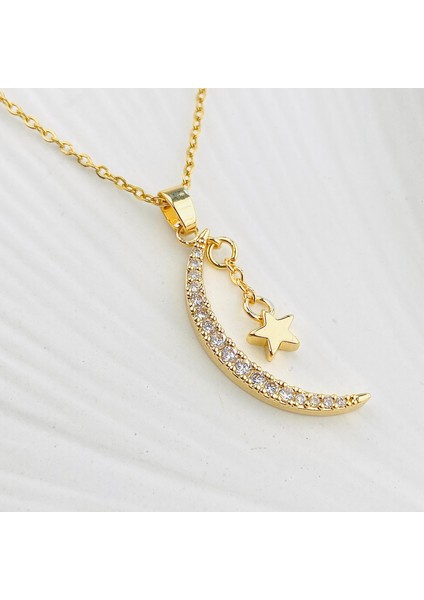 Ay Yıldızlı Kolye Kadın Kolye Zirkon Taşlı Çelik Gold 40+5cm