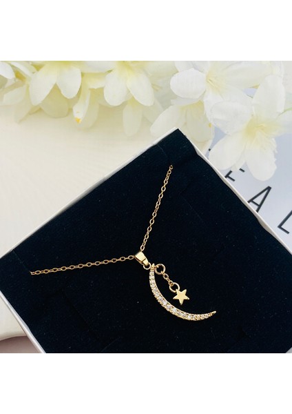 Ay Yıldızlı Kolye Kadın Kolye Zirkon Taşlı Çelik Gold 40+5cm fırsatları