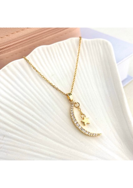 Ay Yıldızlı Kolye Kadın Kolye Zirkon Taşlı Çelik Gold 40+5cm indirimleri