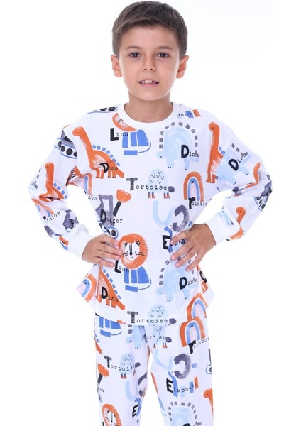 Dinozor Desen Beyaz Erkek Çocuk Pijama Takım