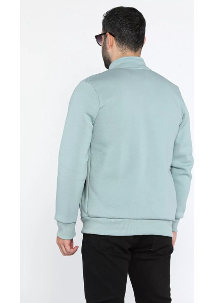 Erkek Nakışlı Fermuarlı Şardonlu Üç Iplik Sweatshirt