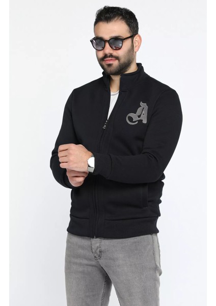 Erkek Nakışlı Fermuarlı Şardonlu Üç Iplik Sweatshirt