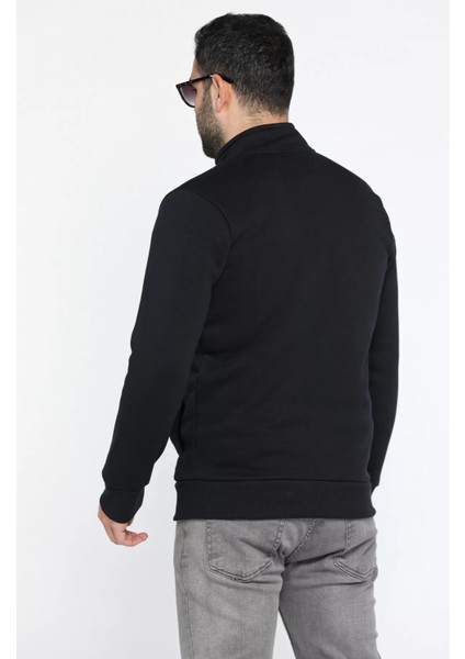 Erkek Nakışlı Fermuarlı Şardonlu Üç Iplik Sweatshirt