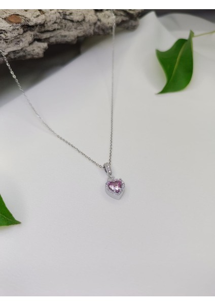 Kadın Pırlanta Modeli Pembe Zirkon Taşlı 316 L Çelik Kalp Kolye