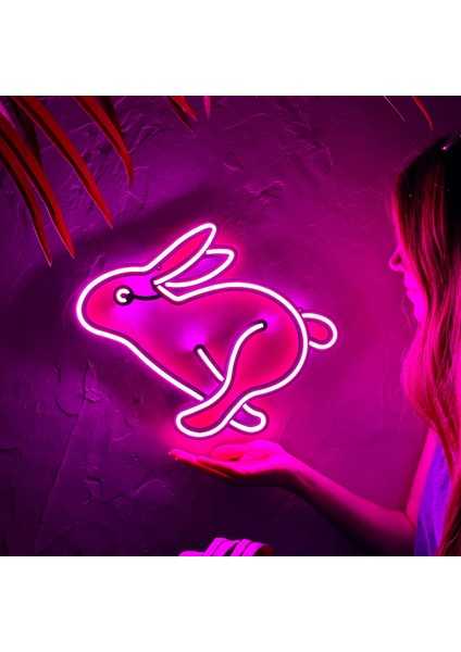 Tavşan Neon LED Duvar Dekoru - Tavşan - Çocuk Odası si, Ev si - Rabbit 1 - Modern & Endüstriyel Neon LED Duvar Dekoru, 37.5 x 30.5 cm , Pembe Led, 12V Adaptör