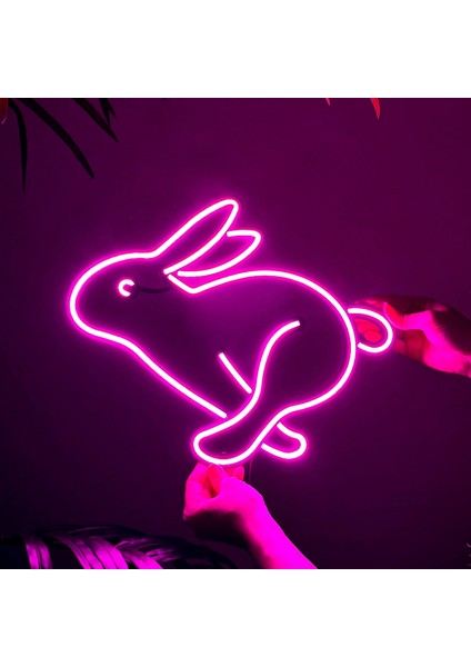 Tavşan Neon LED Duvar Dekoru - Tavşan - Çocuk Odası si, Ev si - Rabbit 1 - Modern & Endüstriyel Neon LED Duvar Dekoru, 37.5 x 30.5 cm , Pembe Led, 12V Adaptör