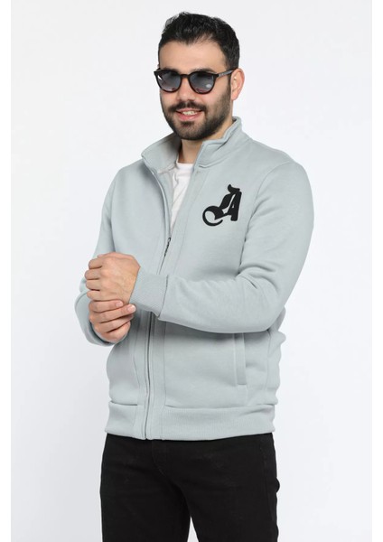 Erkek Nakışlı Fermuarlı Şardonlu Üç Iplik Sweatshirt