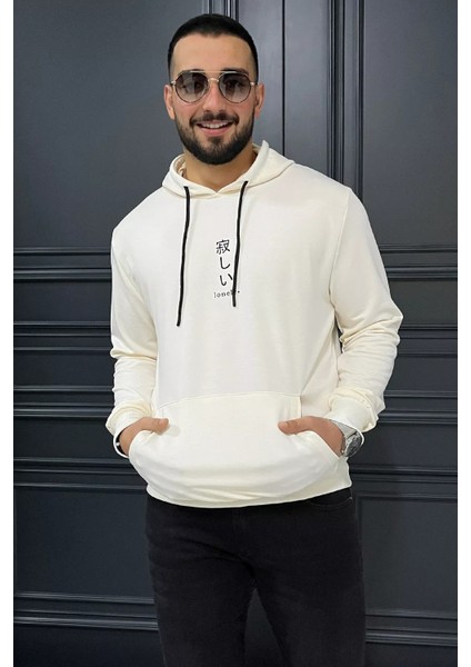 Erkek Kapüşonlu Baskılı Kanguru Cepli Sweatshirt