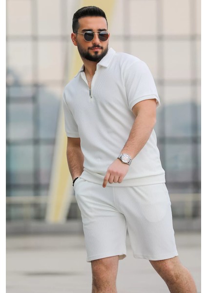 Fermuarlı Polo Yaka Jakarlı Erkek Tişört