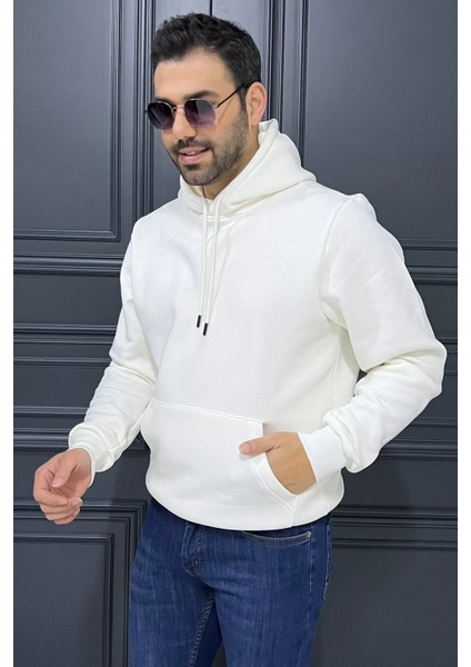 Erkek Kapüşonlu Kanguru Cepli Şardonlu Üç Iplik Sweatshirt