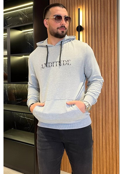 Erkek Kapüşonlu Kanguru Cepli Baskılı Sweatshirt