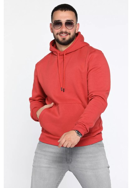 Erkek Kapüşonlu Kanguru Cepli Şardonlu Üç Iplik Sweatshirt