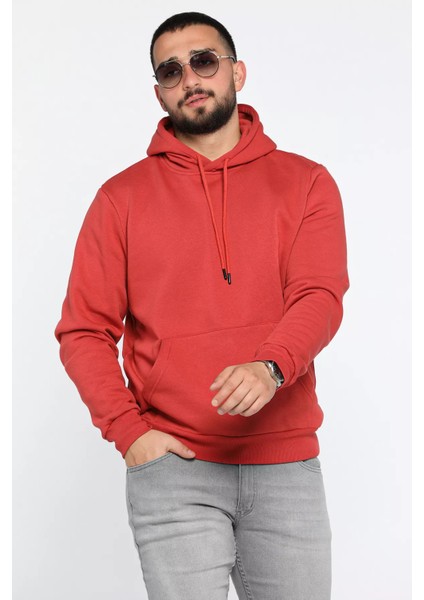 Erkek Kapüşonlu Kanguru Cepli Şardonlu Üç Iplik Sweatshirt