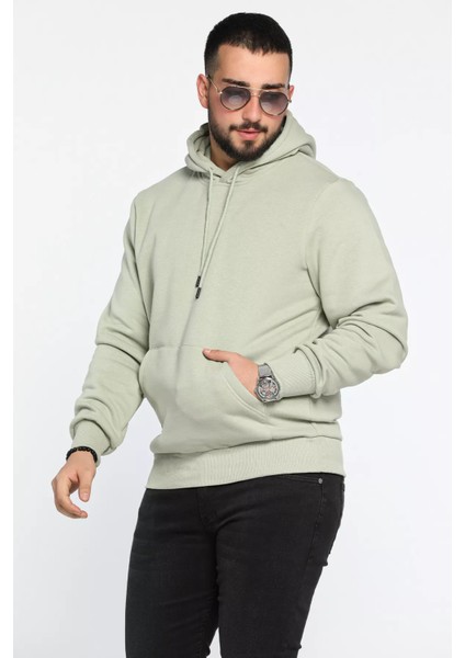 Erkek Kapüşonlu Kanguru Cepli Şardonlu Üç Iplik Sweatshirt