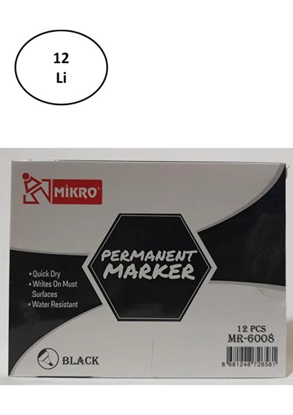 Mikro MR-6008 Permanet Marker Siyah Kalem 12'li