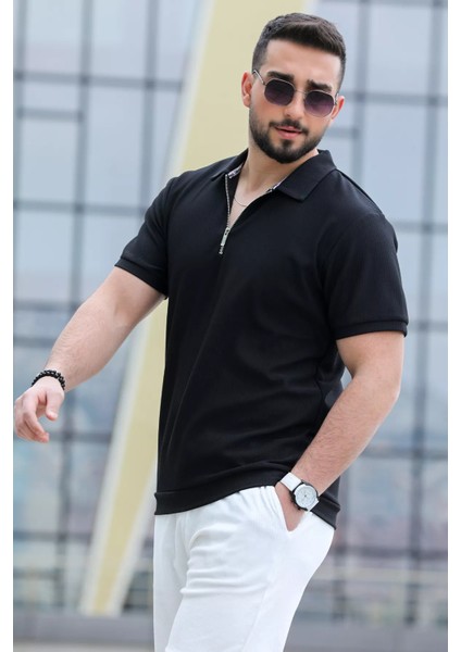 Fermuarlı Polo Yaka Jakarlı Erkek Tişört