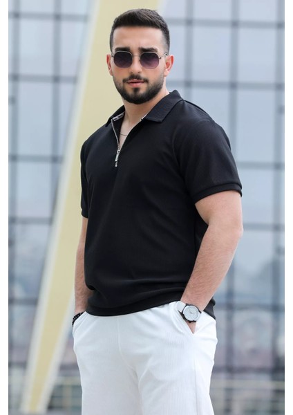 Fermuarlı Polo Yaka Jakarlı Erkek Tişört fiyatları