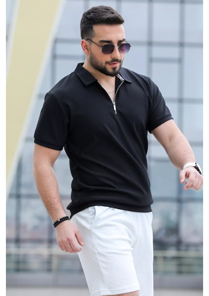 Fermuarlı Polo Yaka Jakarlı Erkek Tişört fırsatları
