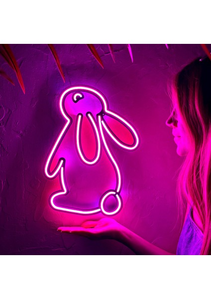 Tavşan Modern Metal Üzerine Neon LED Duvar Tabelası - Rabbit 2, Çocuk Odası si, Ev si, Veteriner Kliniği 28 cm (En) x 37.5 cm (Boy)