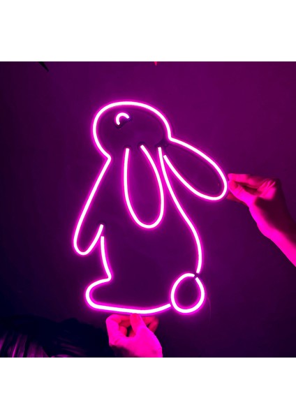 Tavşan Modern Metal Üzerine Neon LED Duvar Tabelası - Rabbit 2, Çocuk Odası si, Ev si, Veteriner Kliniği 28 cm (En) x 37.5 cm (Boy)