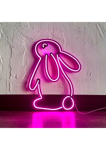 Tavşan Modern Metal Üzerine Neon LED Duvar Tabelası - Rabbit 2, Çocuk Odası si, Ev si, Veteriner Kliniği 28 cm (En) x 37.5 cm (Boy)