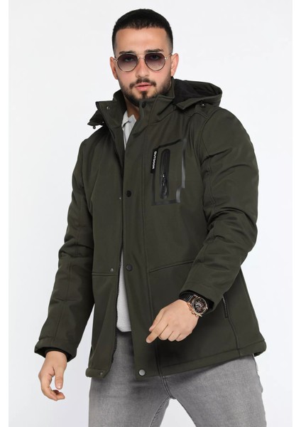 Erkek Kapüşonlu İçi Peluş Softshell Mont P-00013596