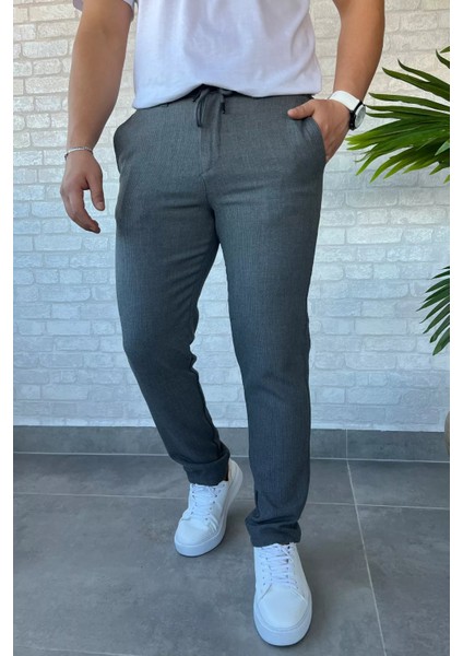 Kendinden Çizgi Desenli Erkek Bel Bağlamalı Jogger Pantolon P-00013652