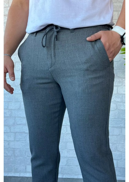 Kendinden Çizgi Desenli Erkek Bel Bağlamalı Jogger Pantolon P-00013652