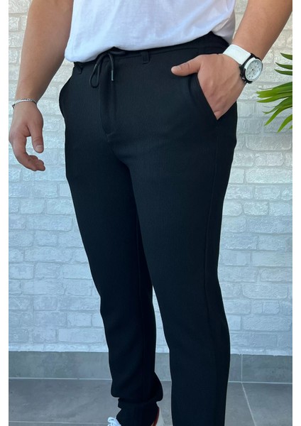 Kendinden Çizgi Desenli Erkek Bel Bağlamalı Jogger Pantolon P-00013652