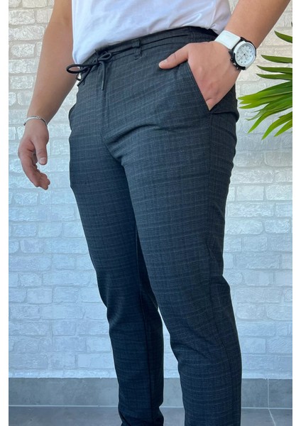 Erkek Kendinden Desenli Bel Bağlamalı Jogger Pantolon P-00013647